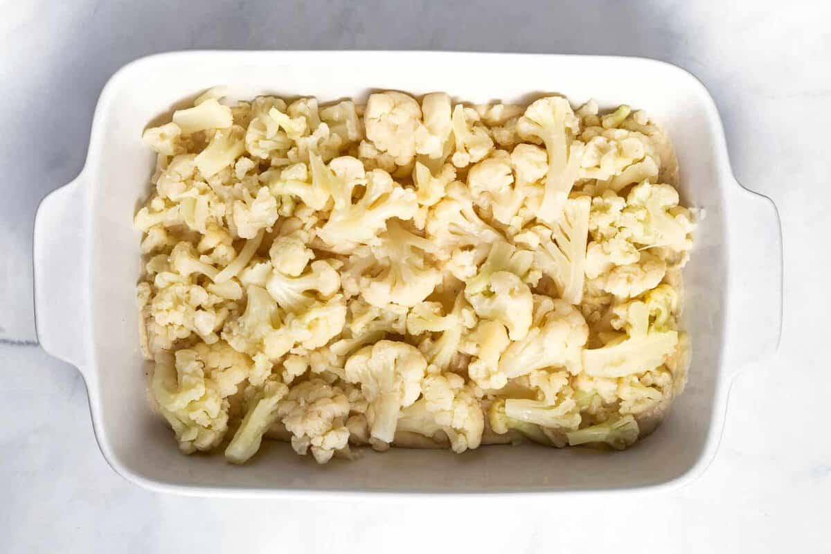 Cauliflower spread over cheese sauce.