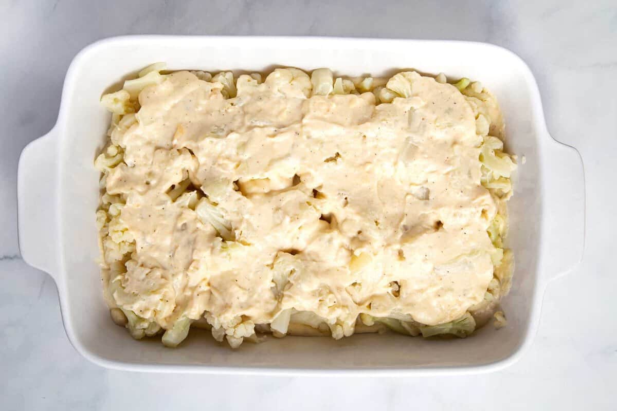 Cauliflower au gratin before adding topping.