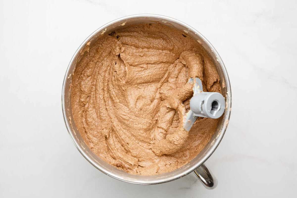 Cake batter in mixing bowl.