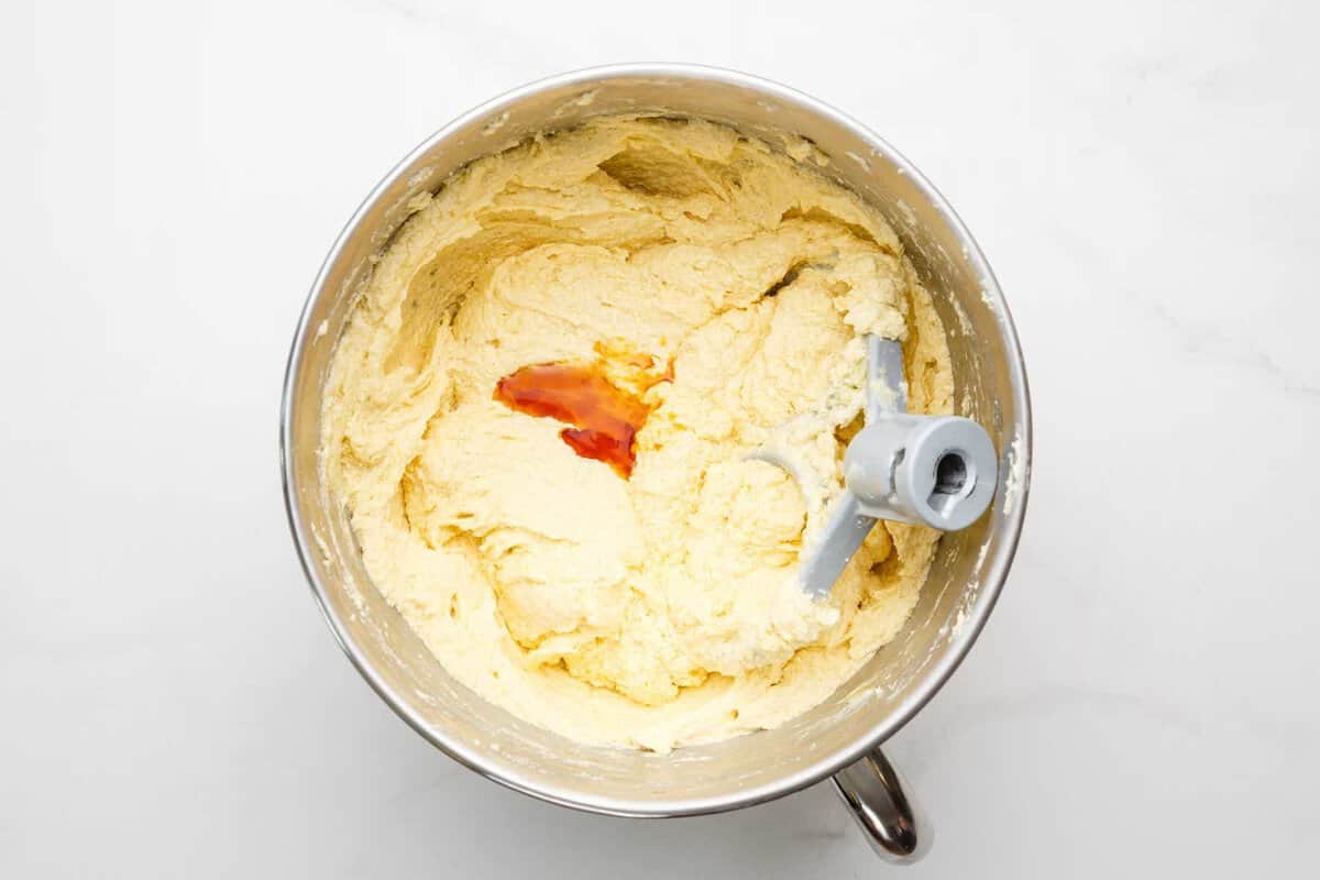 Creamed butter and sugar in mixing bowl.