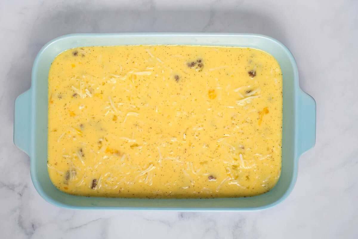 Unbaked crescent roll breakfast casserole with sauasage.