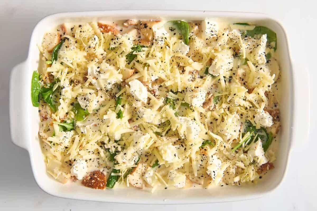 Unbaked everything bagel casserole in baking dish.