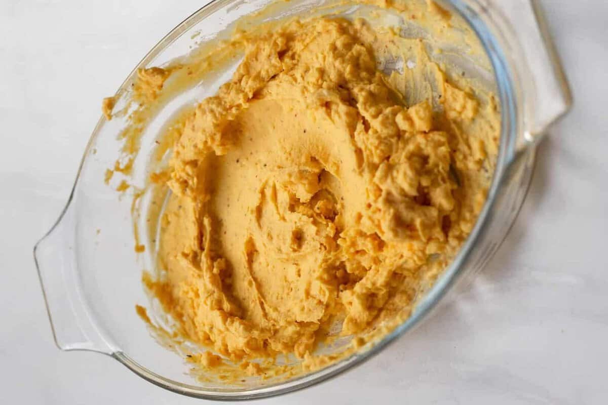 Deviled egg filling in bowl.