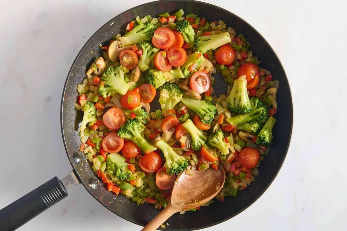 Skillet of sauteed vegetables.