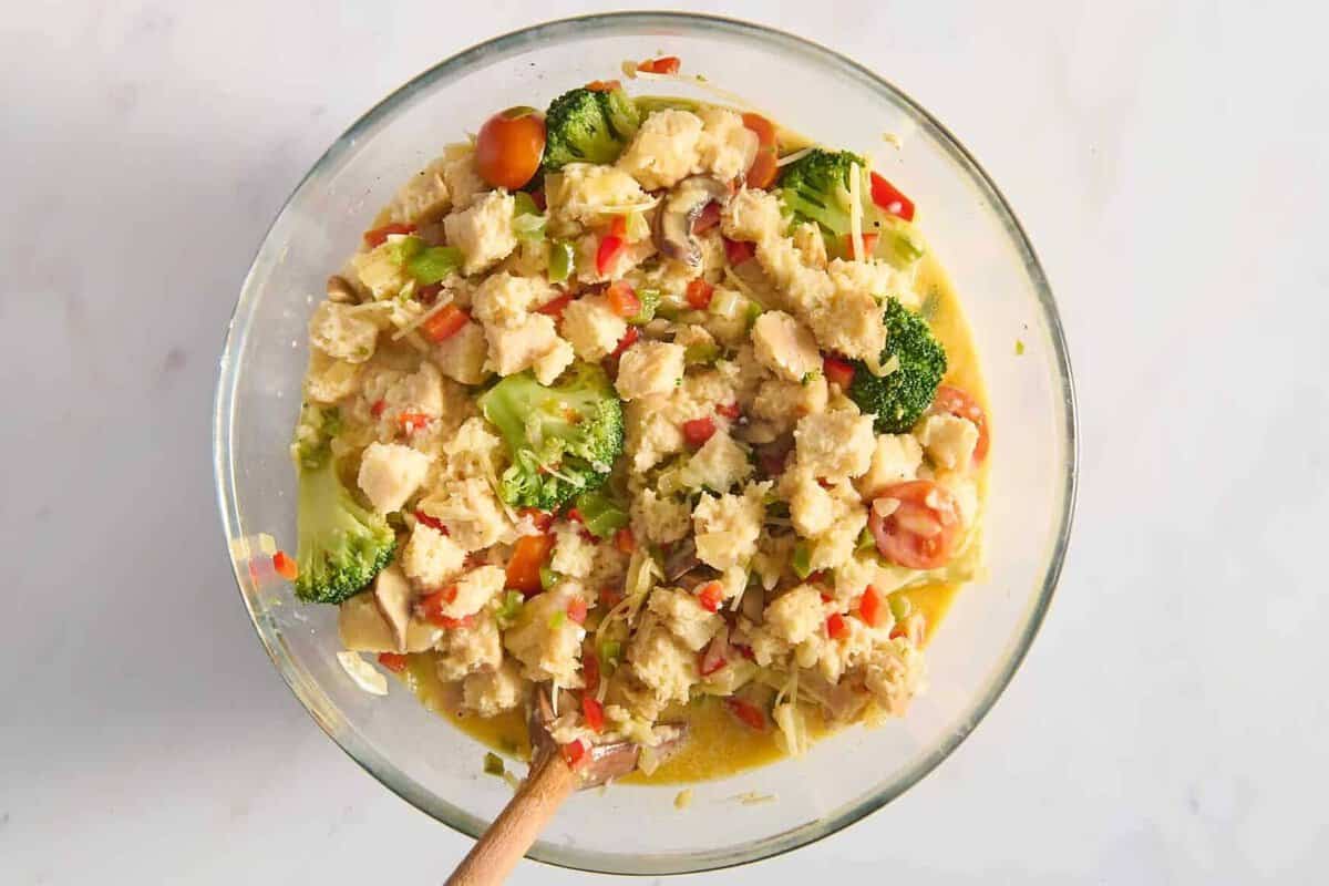 Vegetable and egg mixture in bowl.