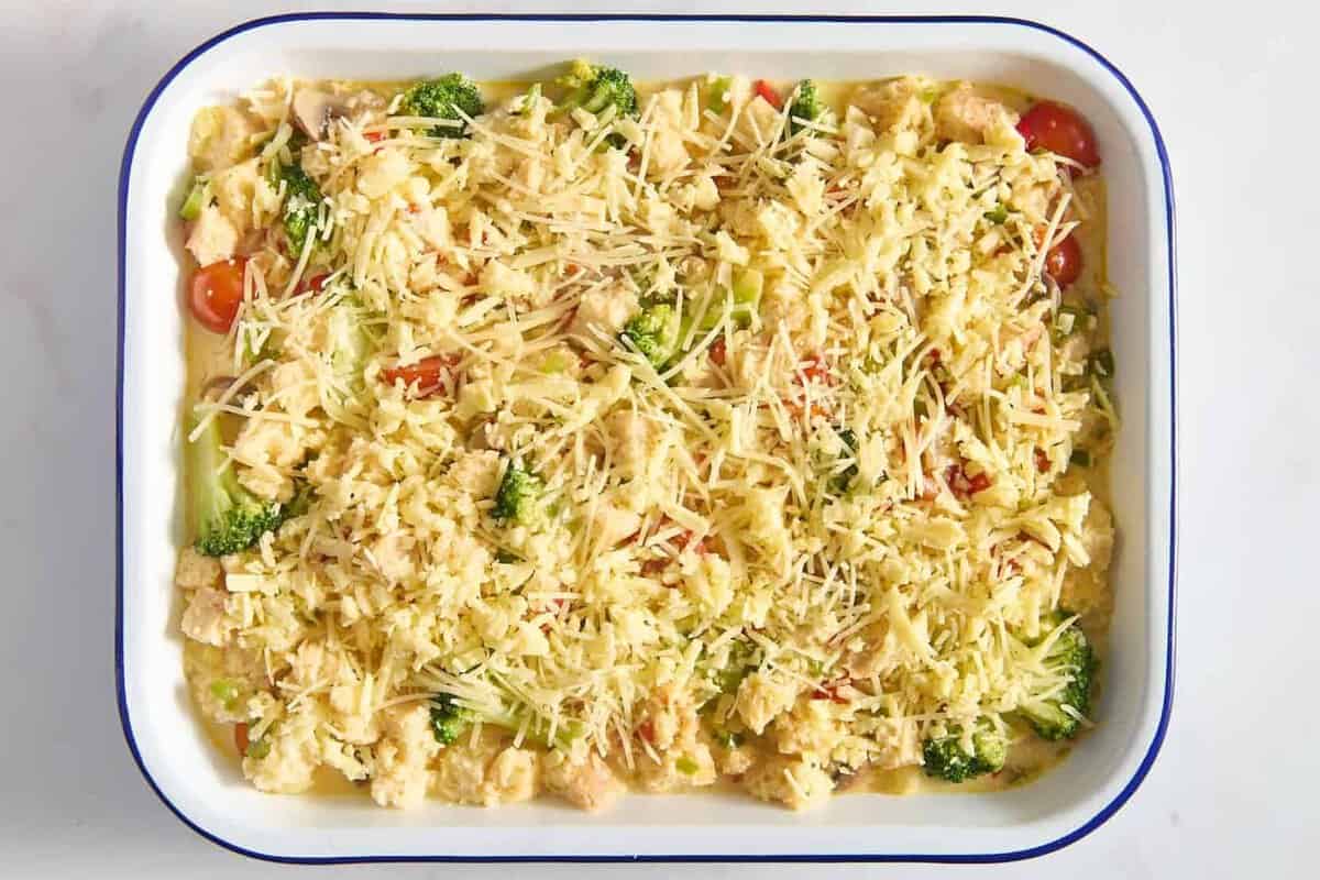 Vegetarian breakfast casserole in dish.