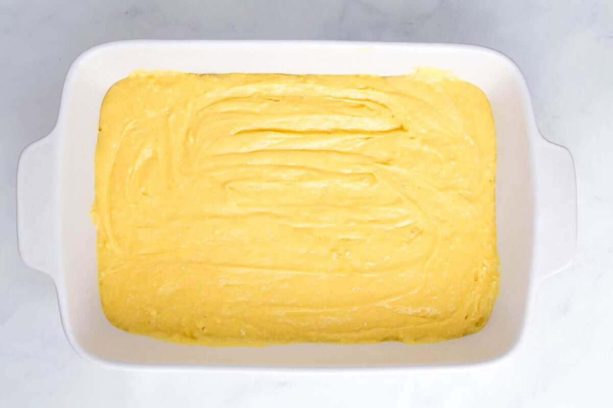 Cake batter in pan.