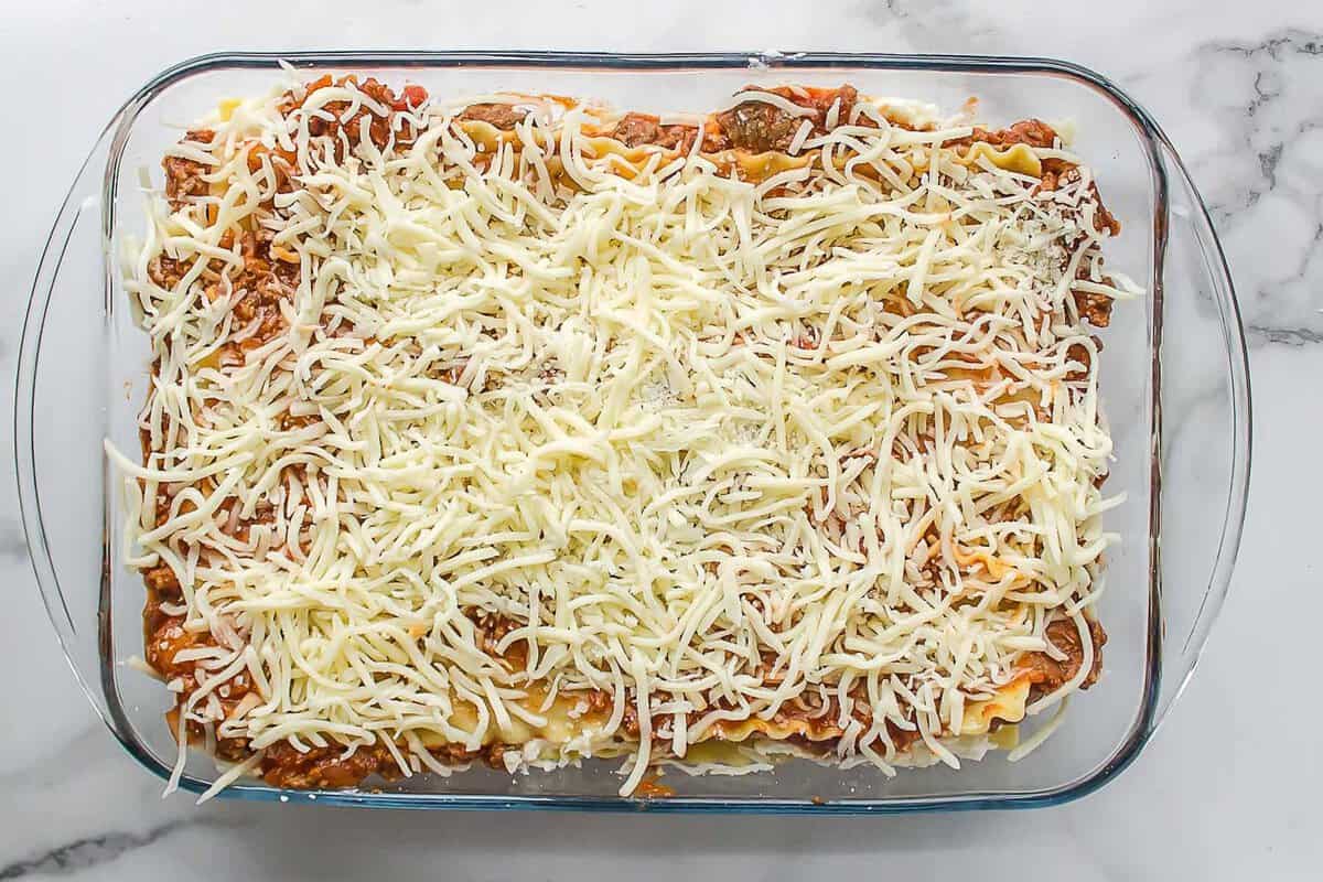 Lasagna with meat sauce before baking.