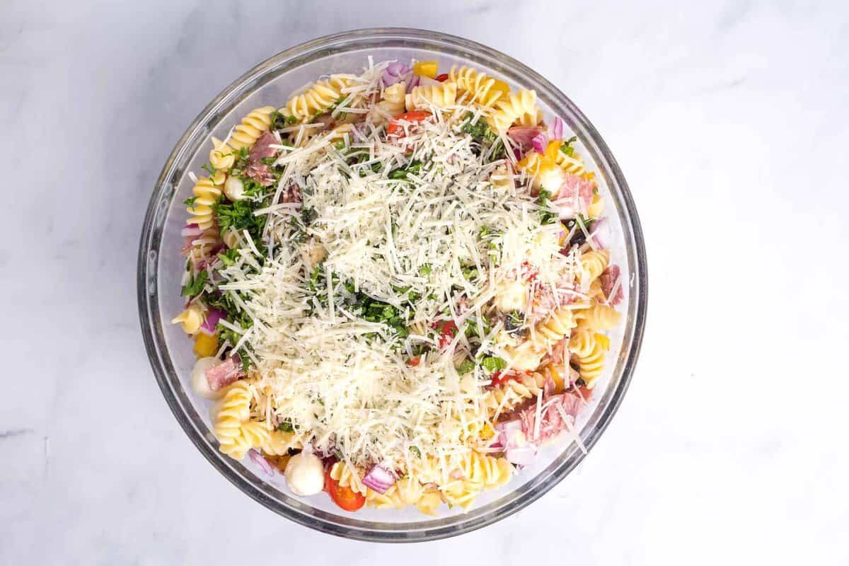 Italian pasta salad before adding dressing.