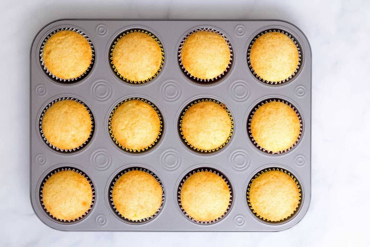 Baked lemon cupcakes in tin.