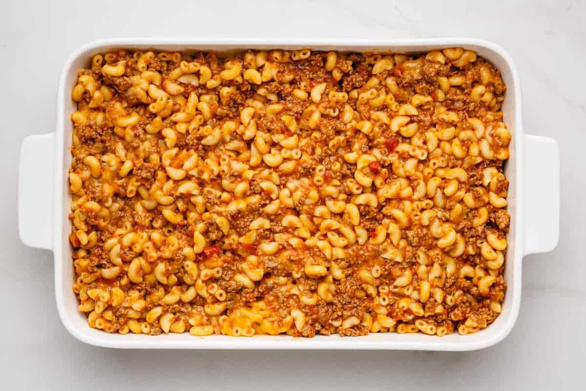 Ground beef casserole before adding cheese.