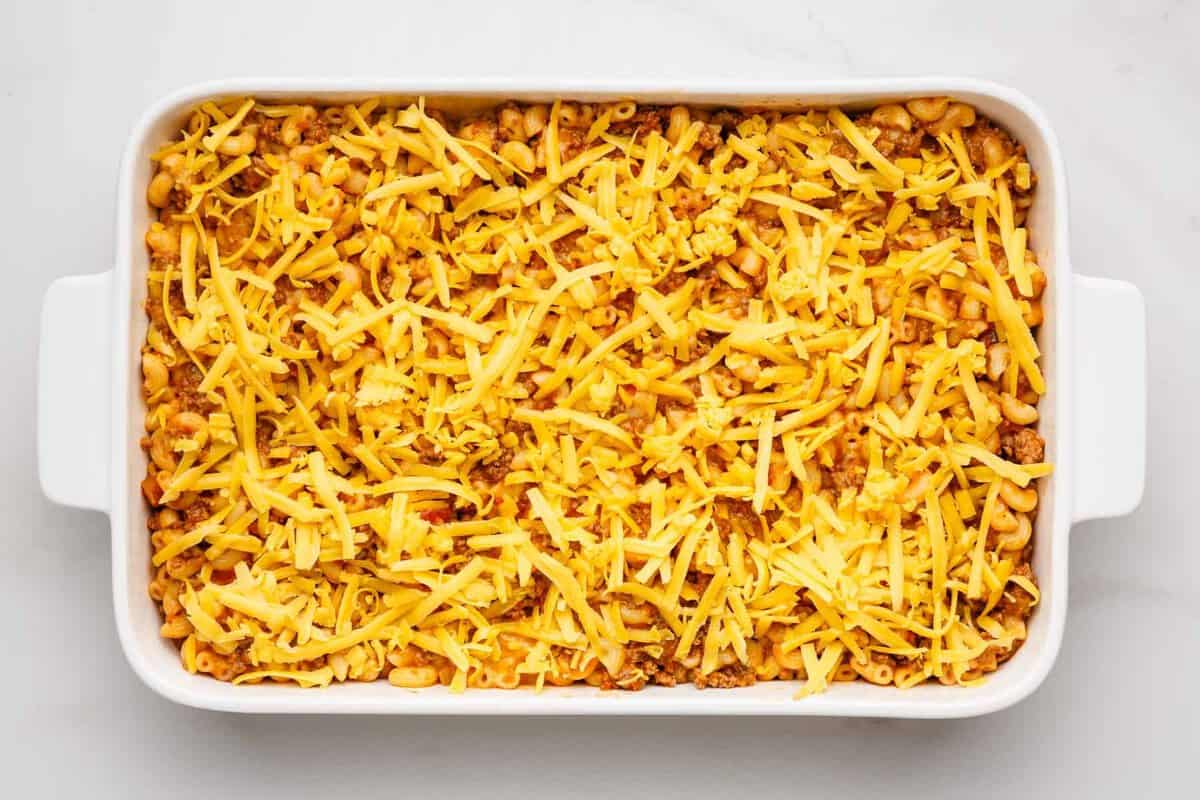 Ground beef casserole before baking.