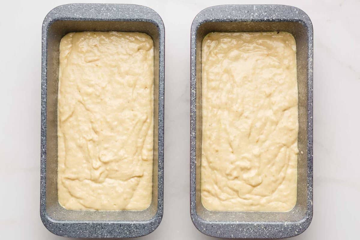 Sour cream banana bread in pans before baking.