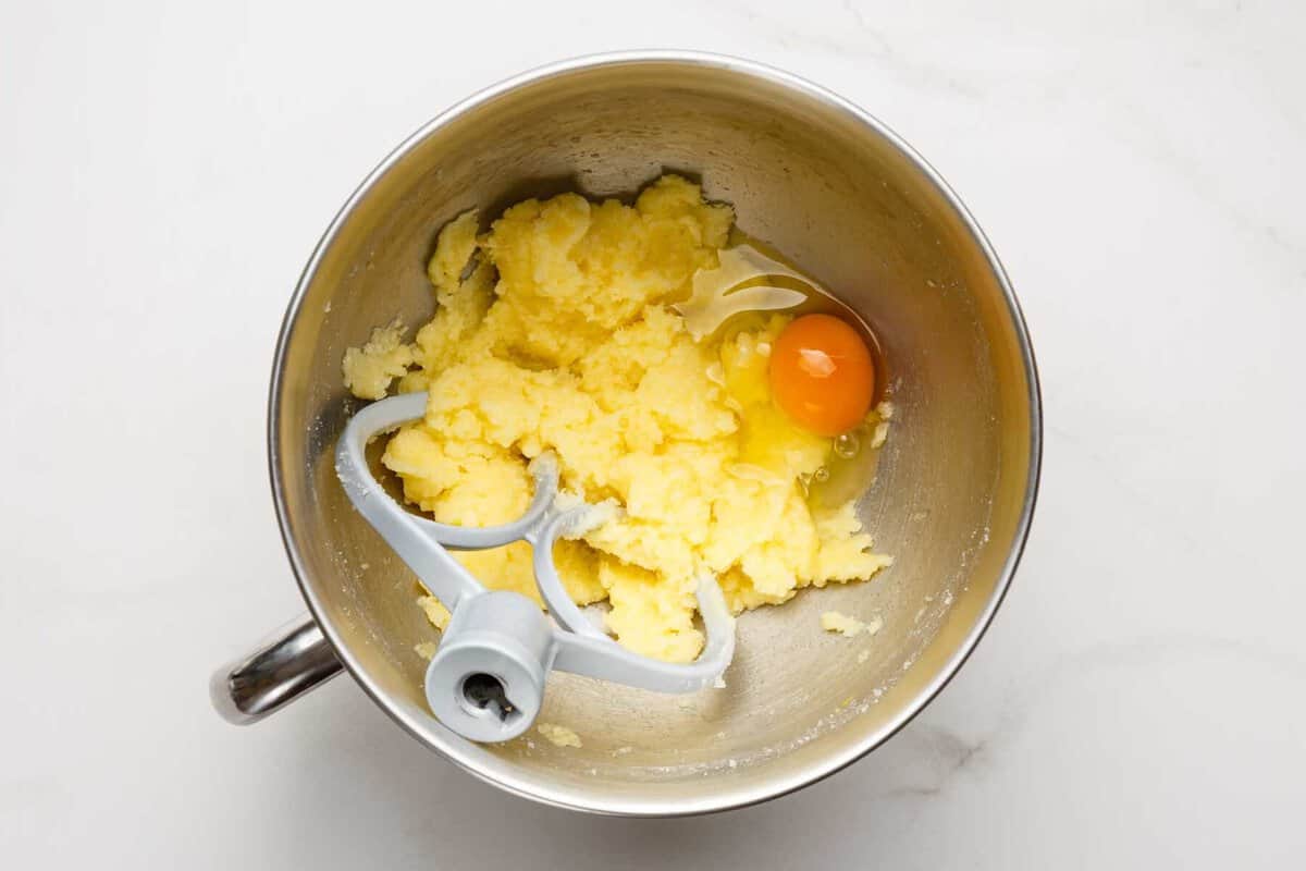 Egg added to creamed butter and sugar.
