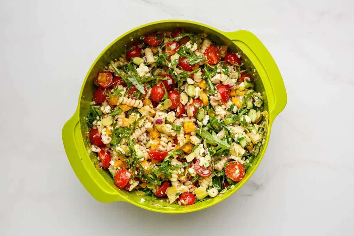 Summer pasta salad in bowl.