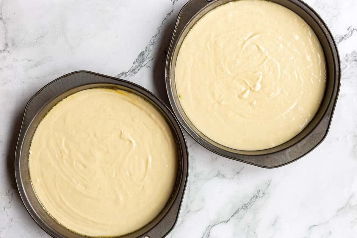 Cake batter in two round cake tins.