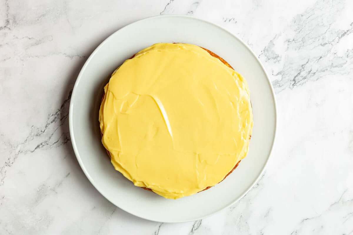Cake layer topped with custard.