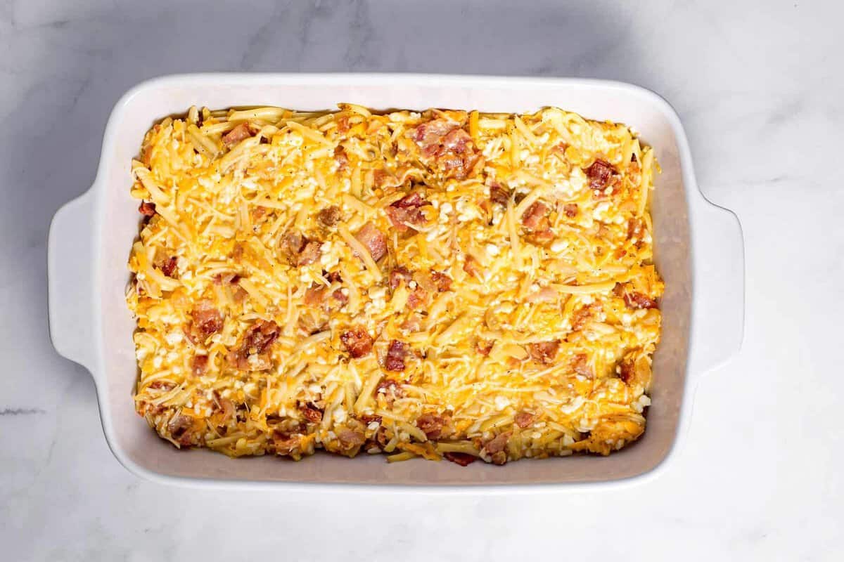 Amish breakfast casserole in baking dish.