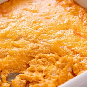 Buffalo chicken dip topped with melted cheddar in a white baking dish.