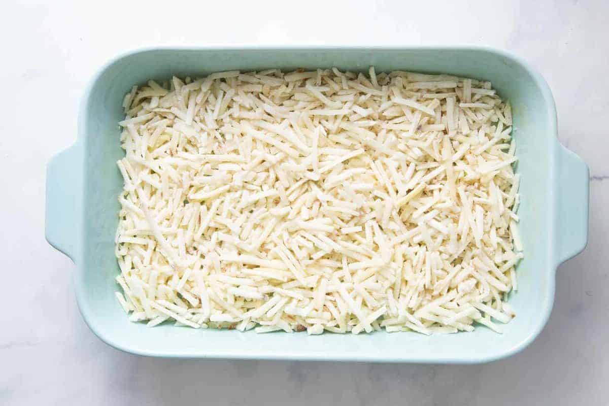 Hash browns in casserole dish.