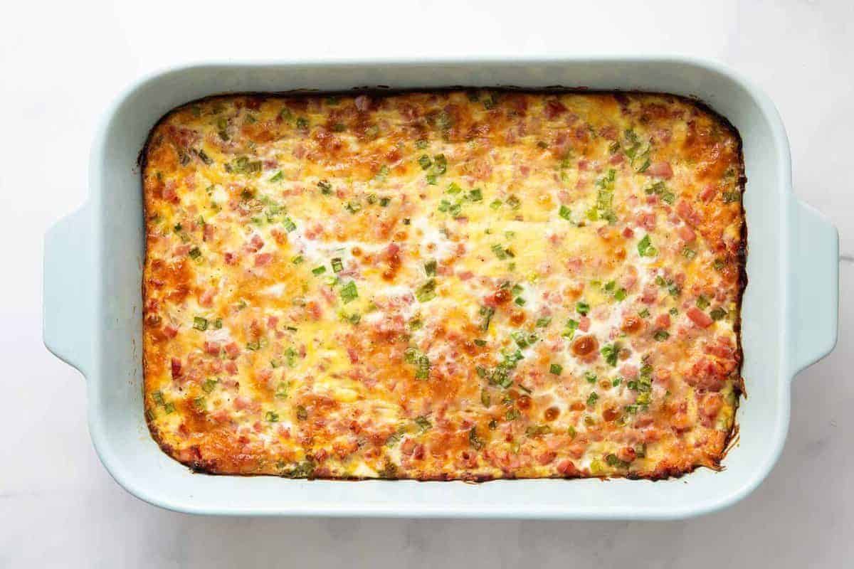 Farmers' breakfast casserole in baking dish.