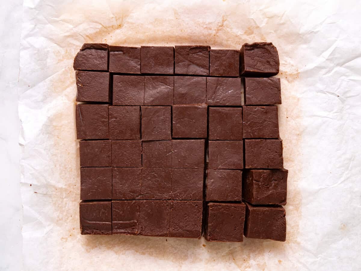 Sliced fudge squares on parchment paper.